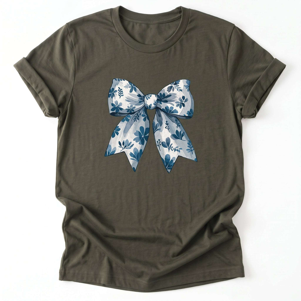Coquette Bow Blue Flowers Classic T-Shirt - Army