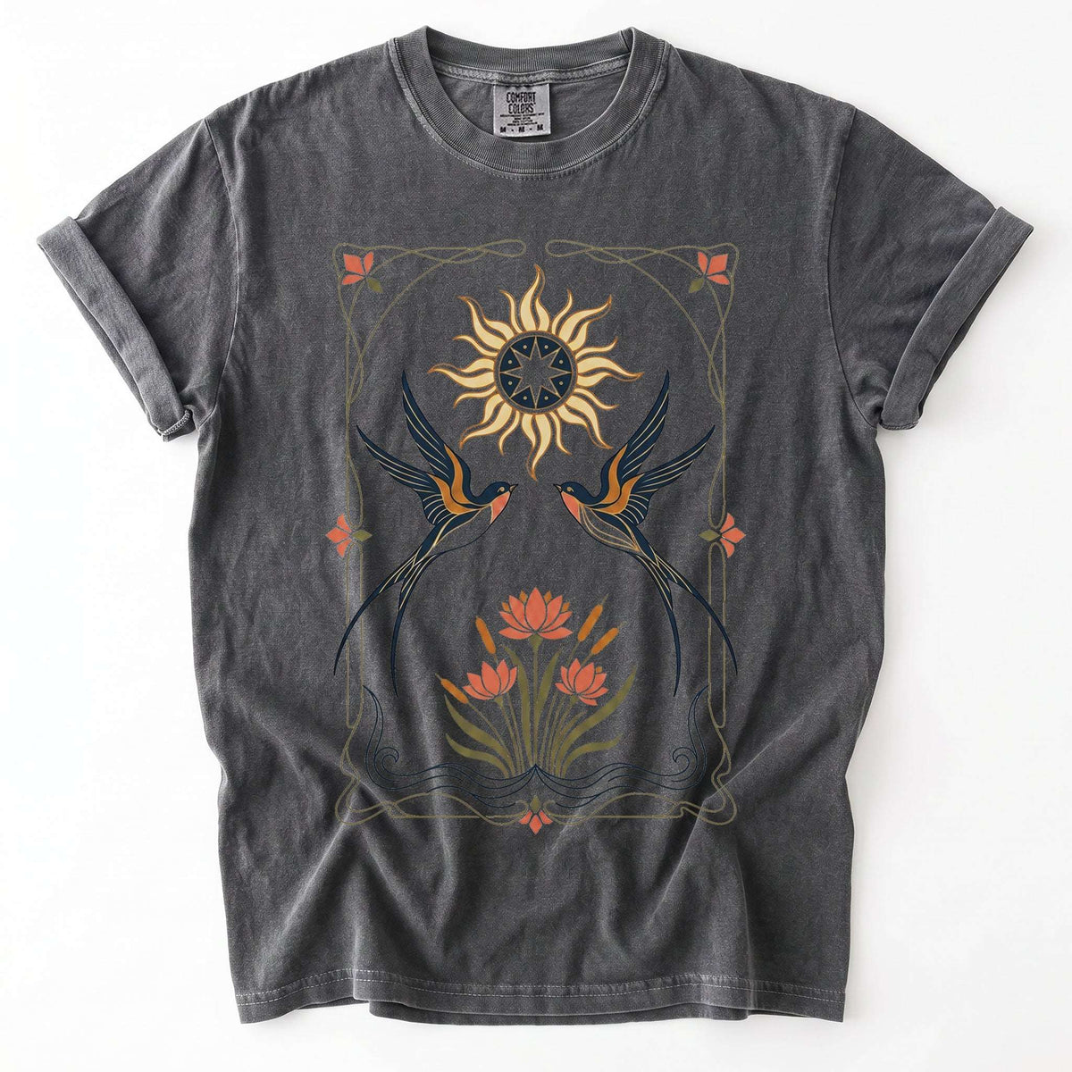 Art Nouveau Swallows Vintage Washed T-Shirt