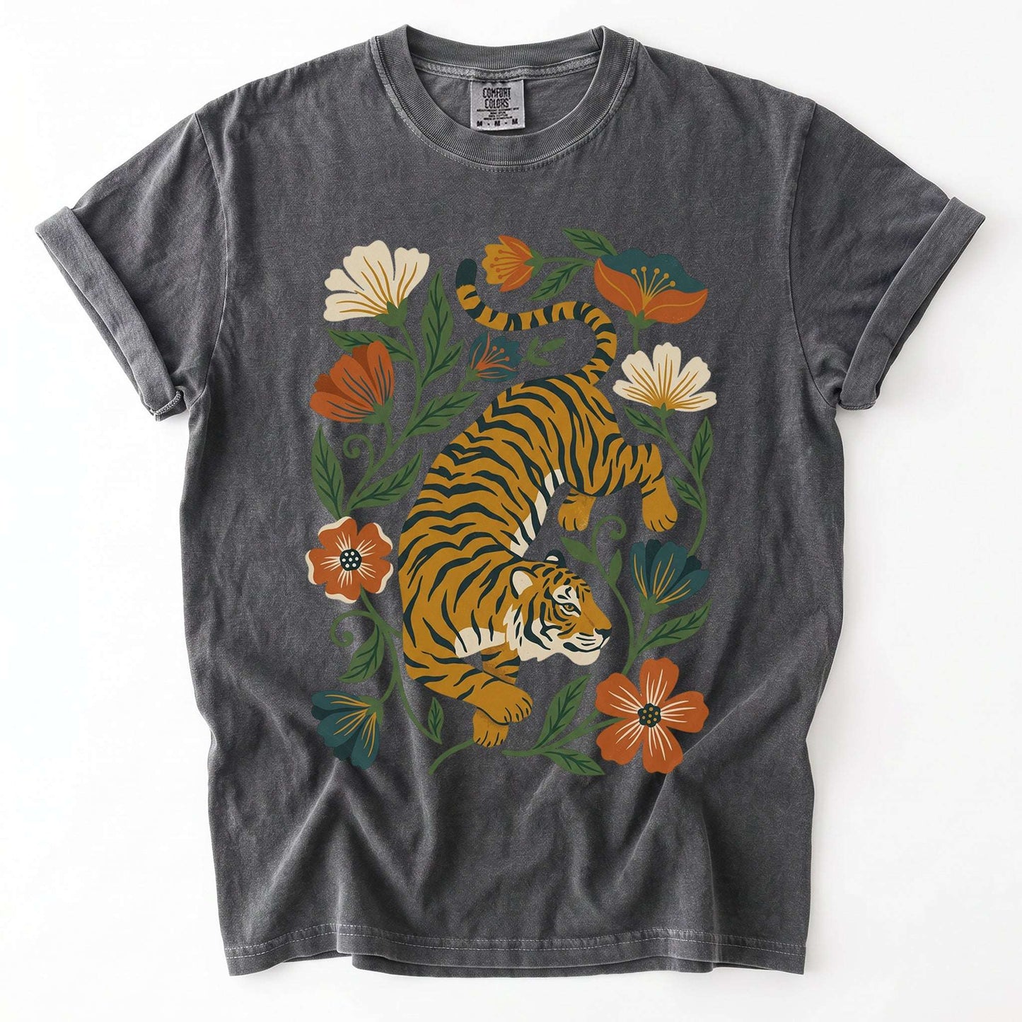 Retro Botanical Tiger Vintage Washed T-Shirt