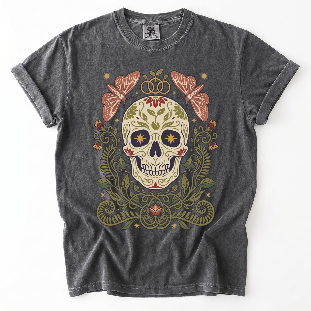 Folk Art Sugar Skull & Moths Vintage Washed T-Shirt