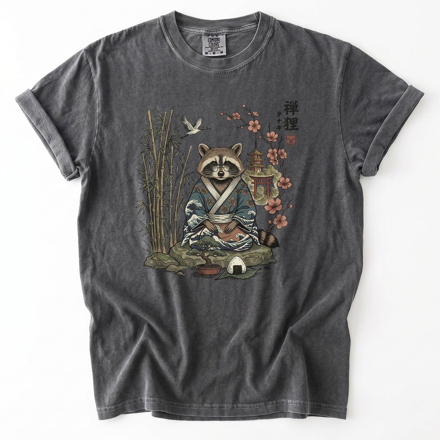 Traditional Japanese Woodblock Zen Raccoon Heavyweight T-Shirt