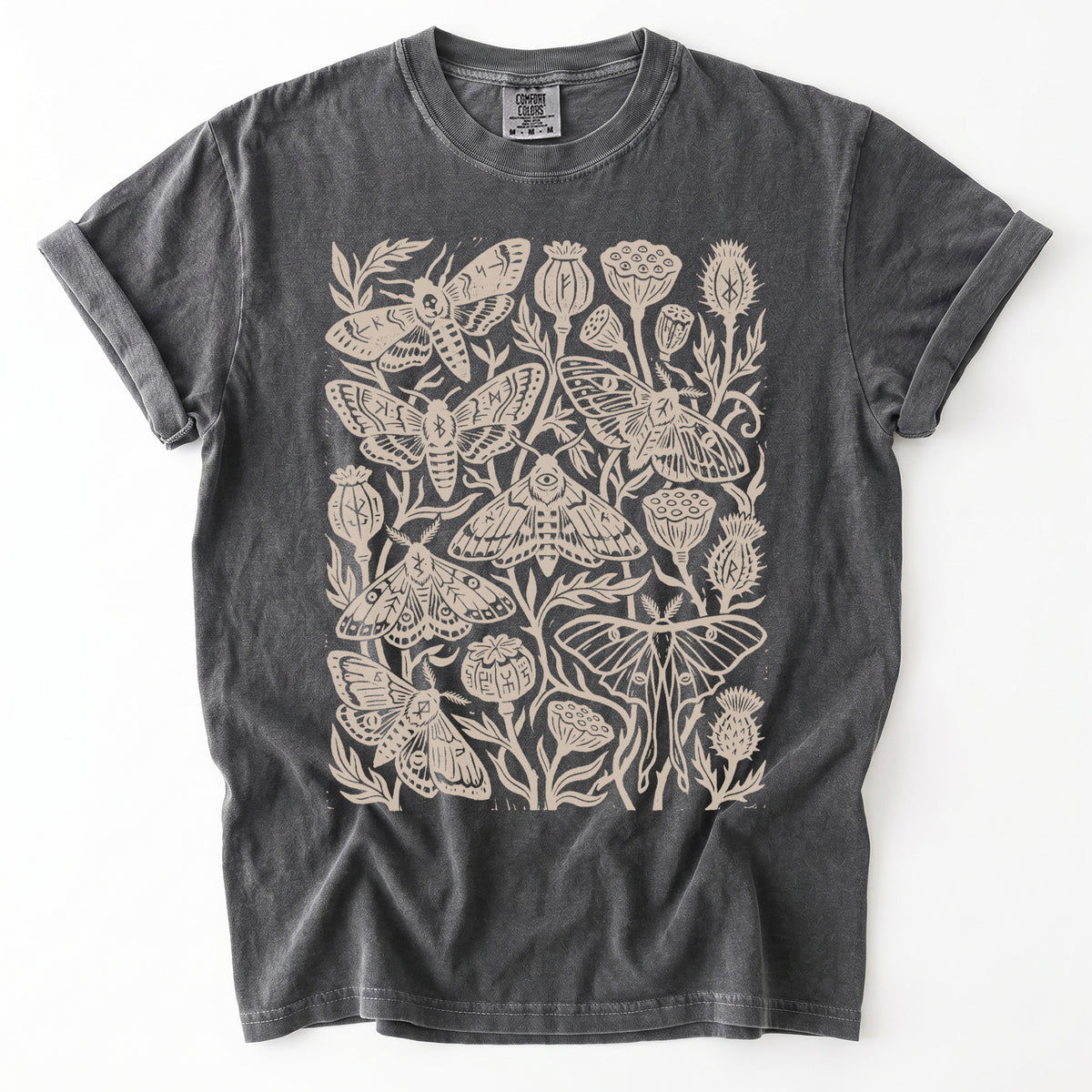 Linocut Moth & Poppy Pod Vintage Washed T-Shirt