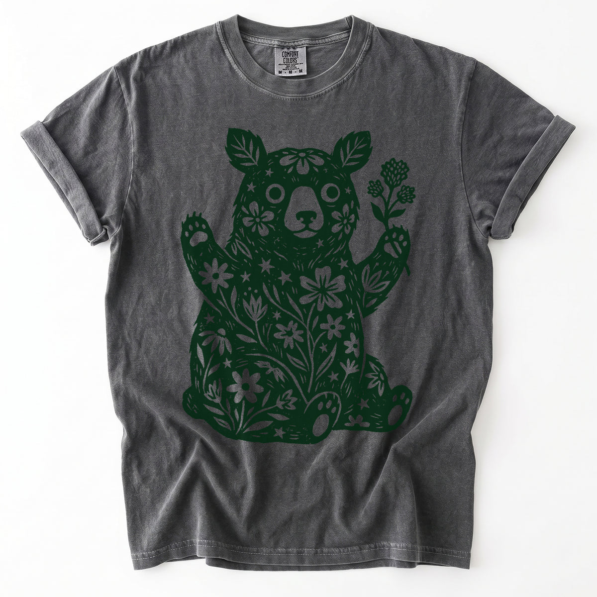 Linocut Wildflower Bear Vintage Washed T-Shirt