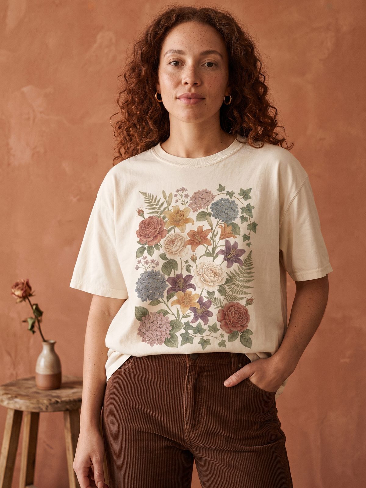 Woman in an art studio wearing the Pressed Flowers tee