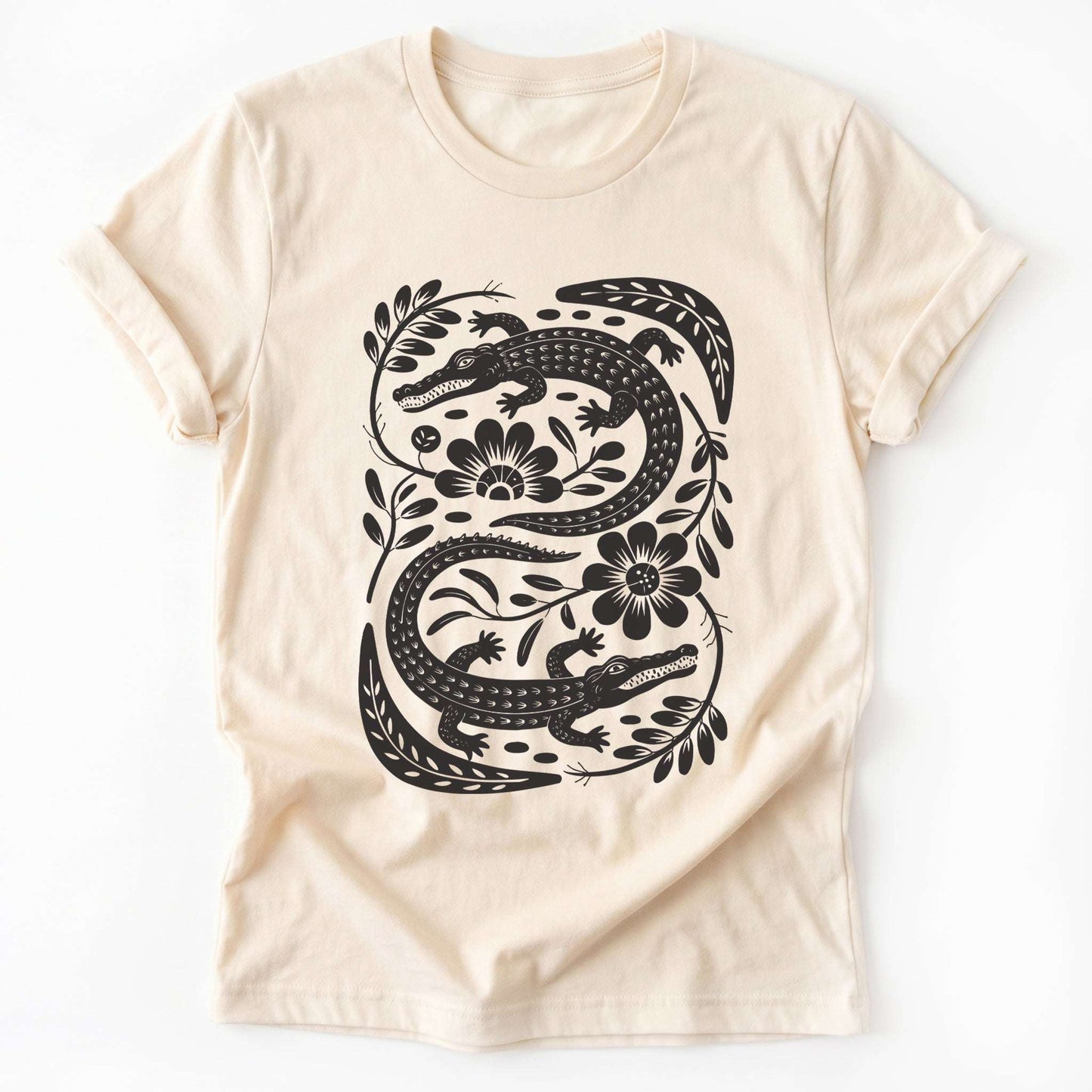 Linocut Floral Crocodile Classic T-Shirt