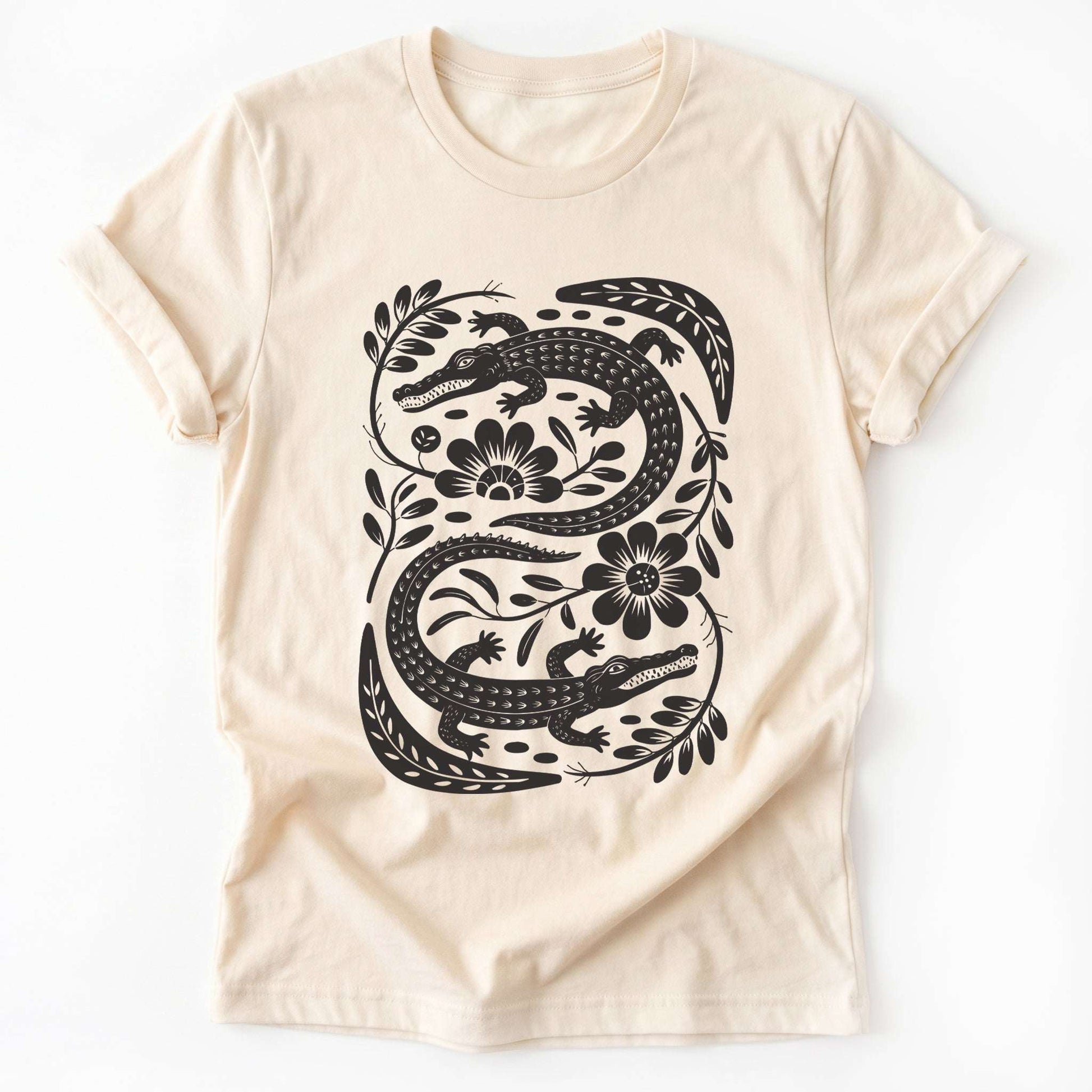 Linocut Floral Crocodile Classic T-Shirt