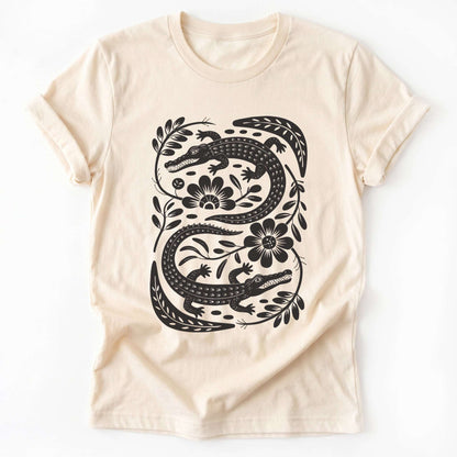 Linocut Floral Crocodile Classic T-Shirt