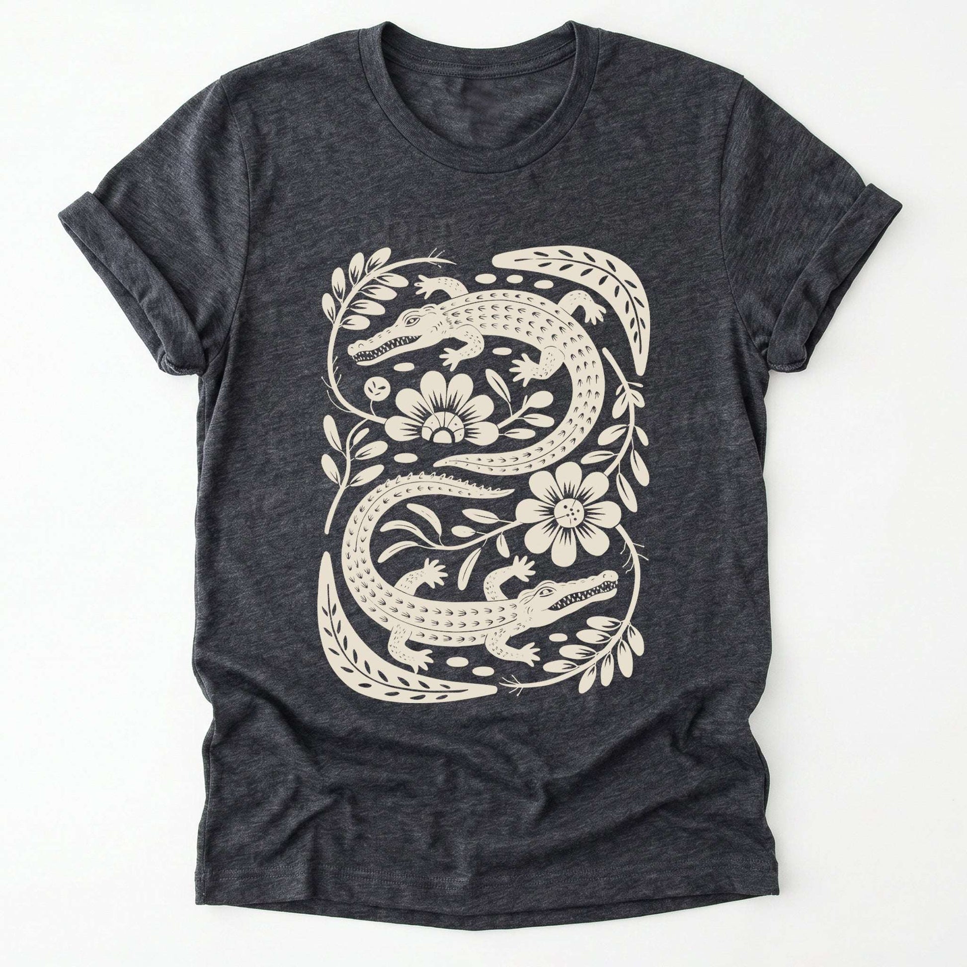 Linocut Floral Crocodile Classic T-Shirt