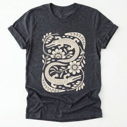Linocut Floral Crocodile Classic T-Shirt