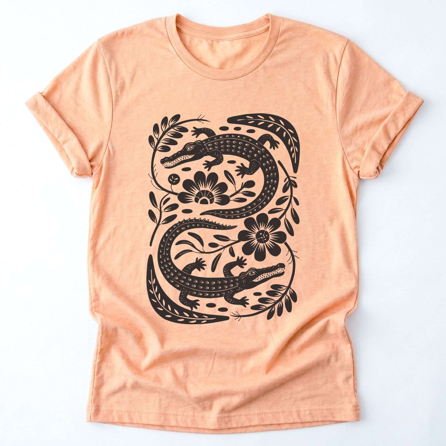 Linocut Floral Crocodile Classic T-Shirt