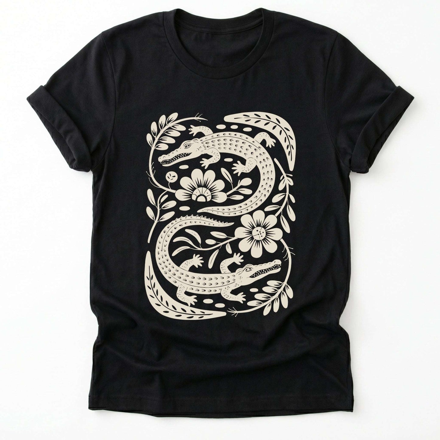 Linocut Floral Crocodile Classic T-Shirt
