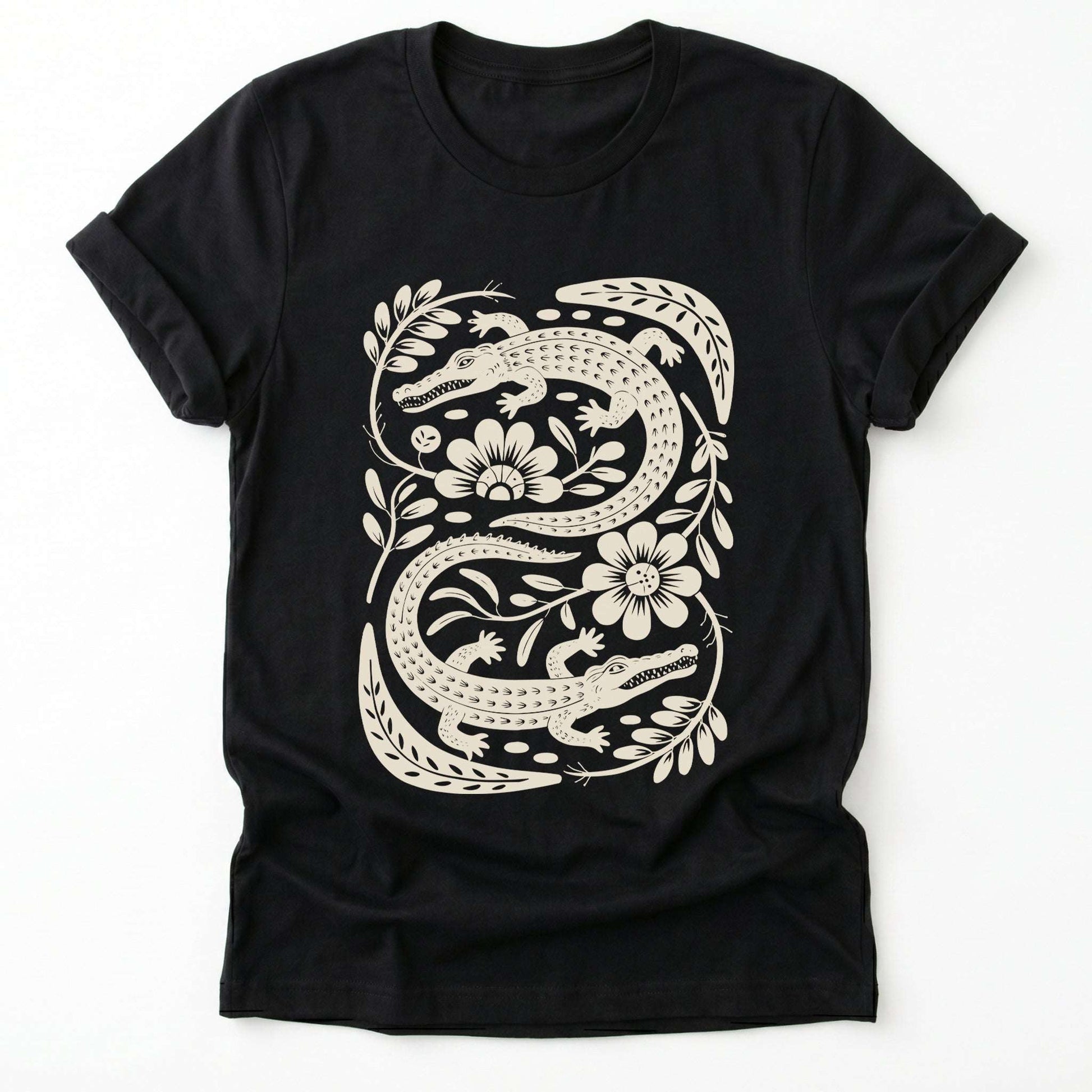 Linocut Floral Crocodile Classic T-Shirt