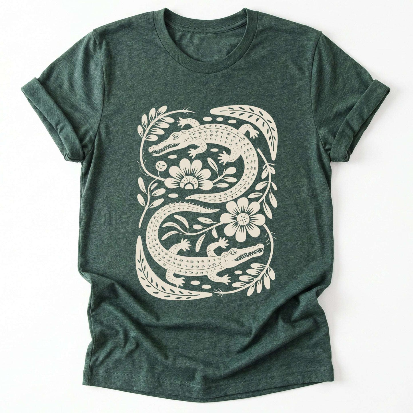Linocut Floral Crocodile Classic T-Shirt