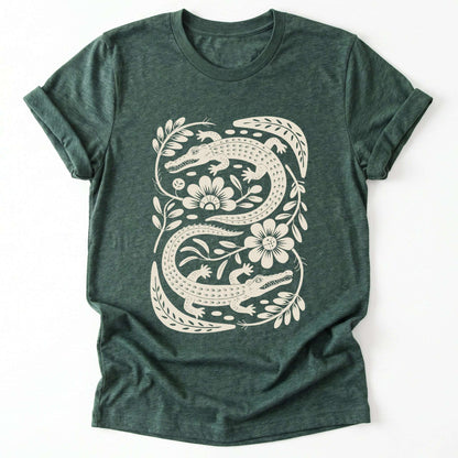 Linocut Floral Crocodile Classic T-Shirt
