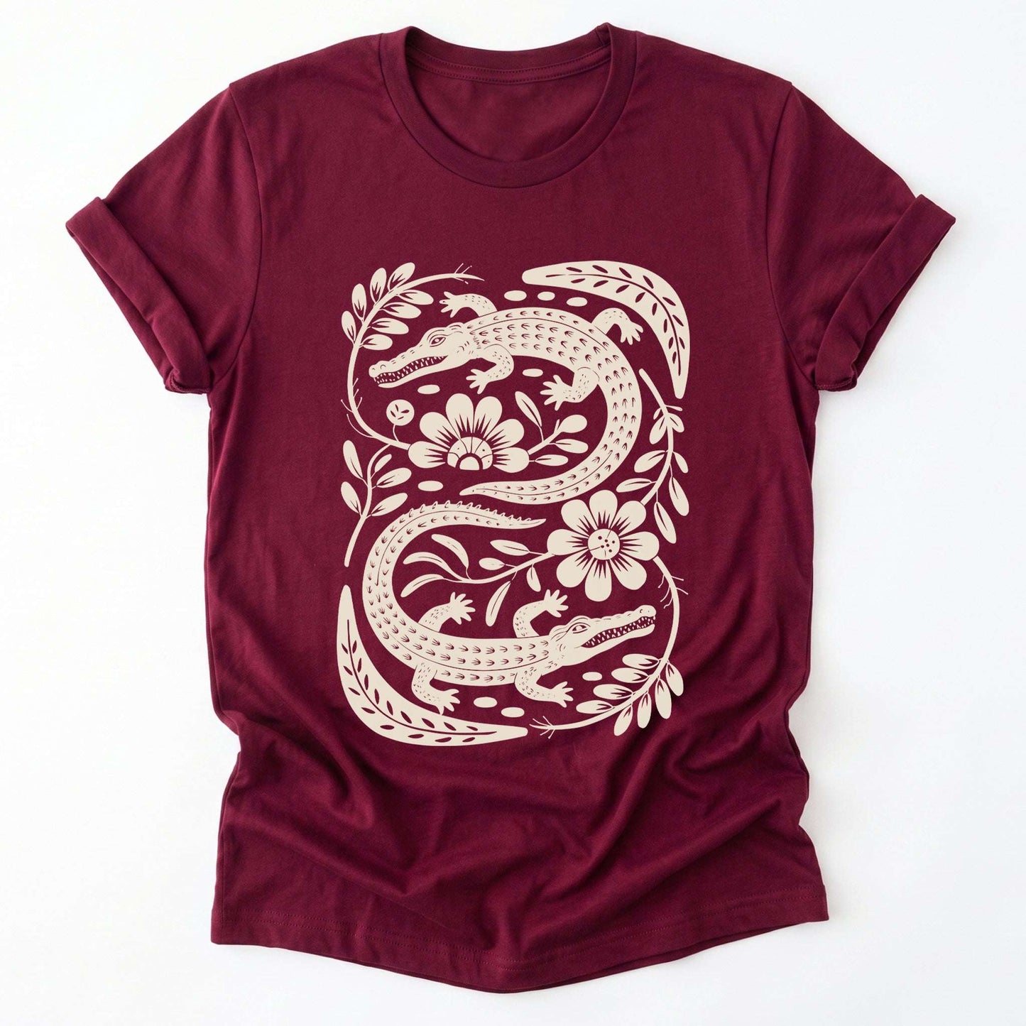Linocut Floral Crocodile Classic T-Shirt