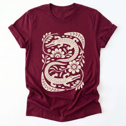 Linocut Floral Crocodile Classic T-Shirt