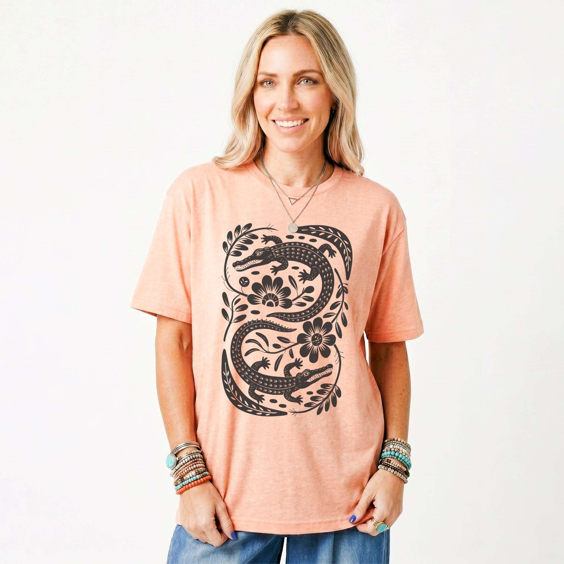 Linocut Floral Crocodile Classic T-Shirt