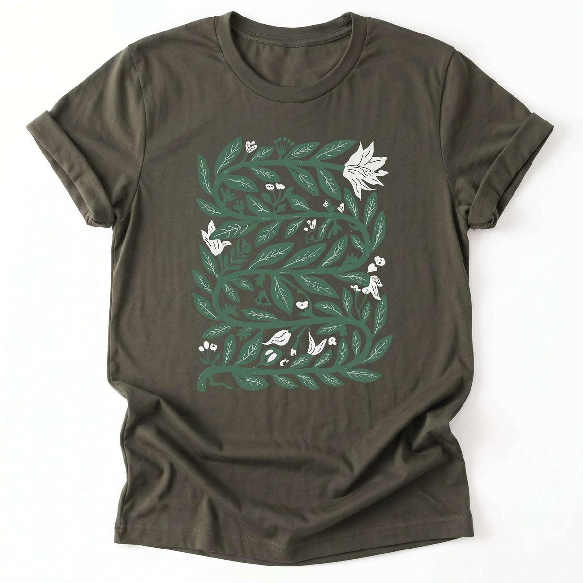 Intertwined Leaves & Blooms Classic T-Shirt - Army