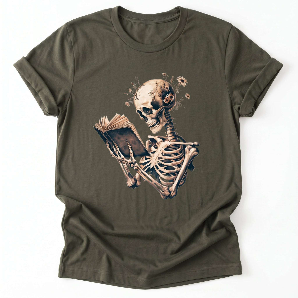 Skeleton Book Lover Floral Classic T-Shirt - Army