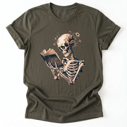 Skeleton Book Lover Floral Classic T-Shirt - Army