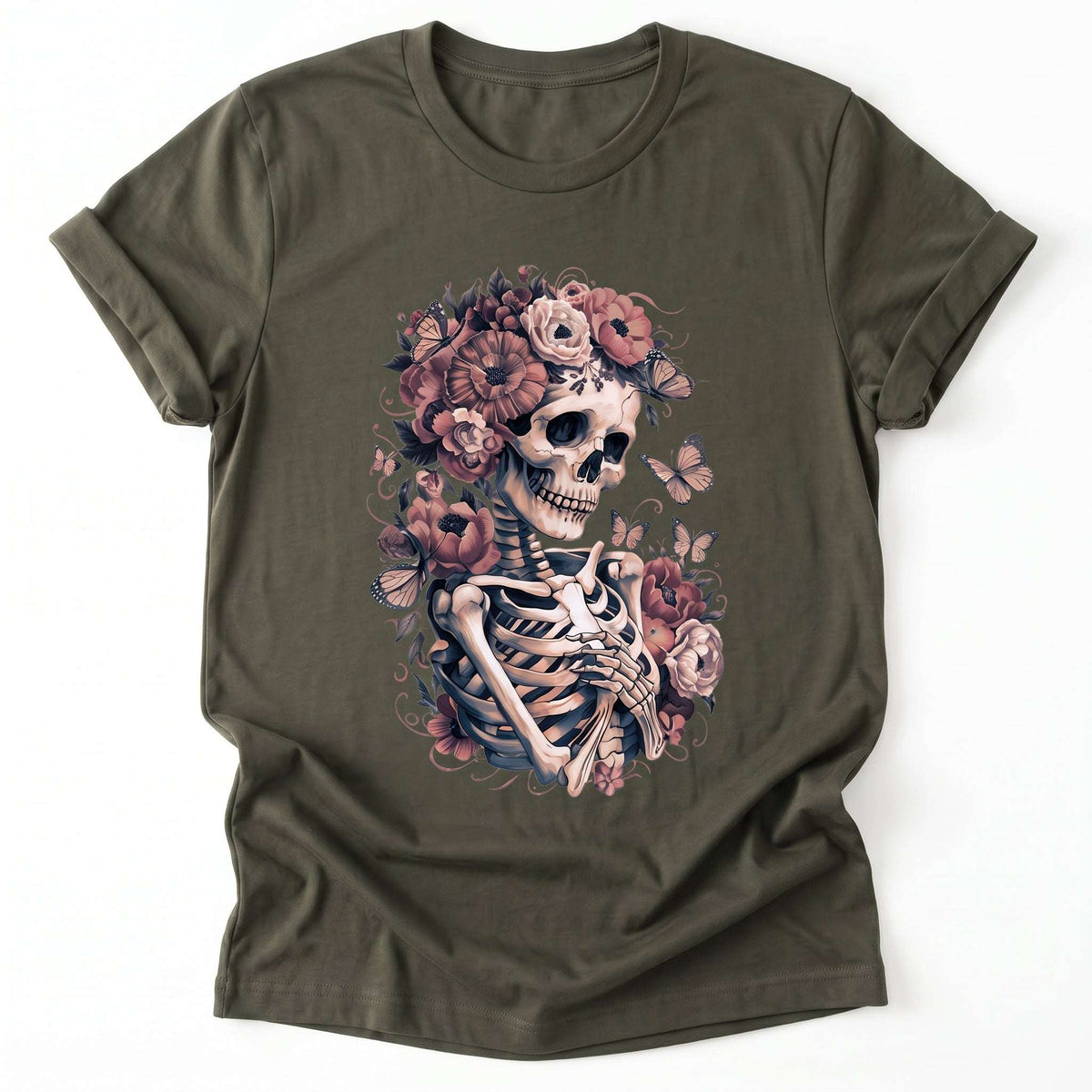 Skeleton Boho Floral Classic T-Shirt - Army