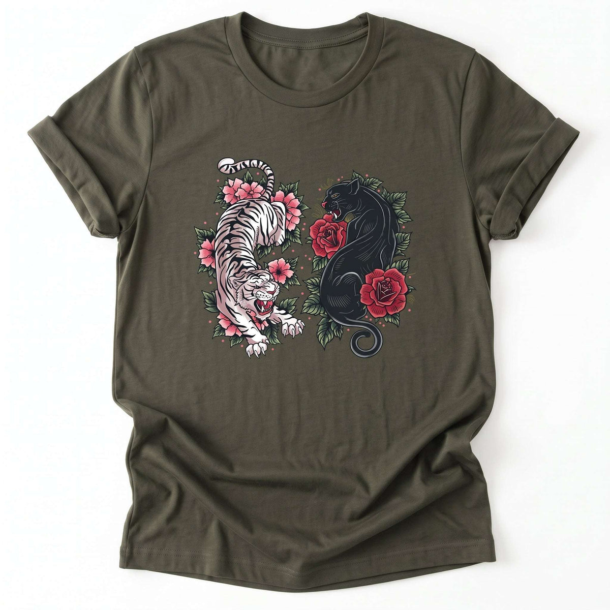 Boho Tiger Panther Floral Classic T-Shirt - Army