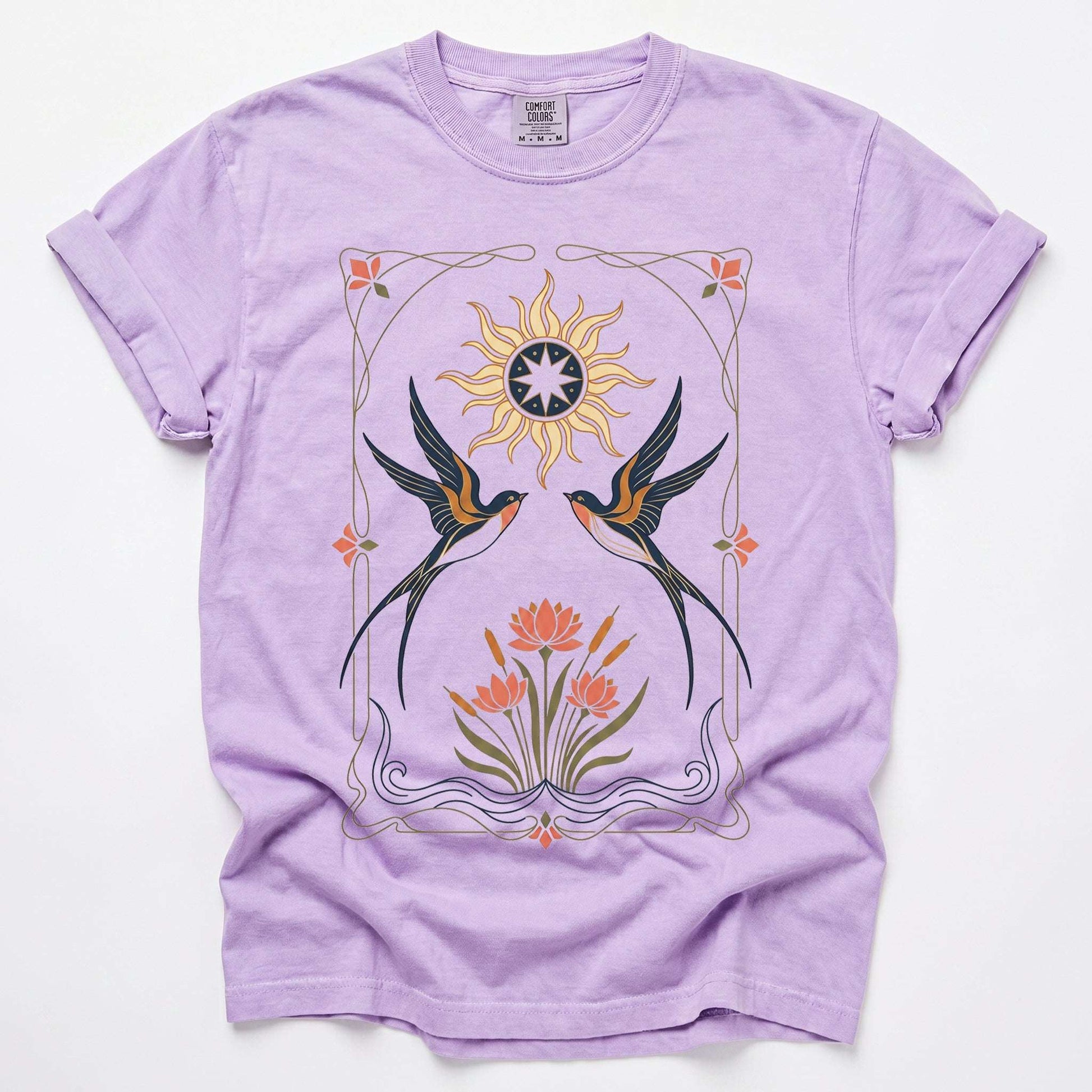 Art Nouveau Swallows Vintage Washed T-Shirt
