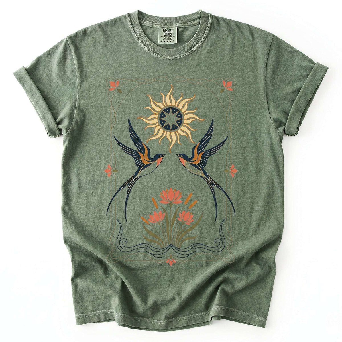 Art Nouveau Swallows Vintage Washed T-Shirt