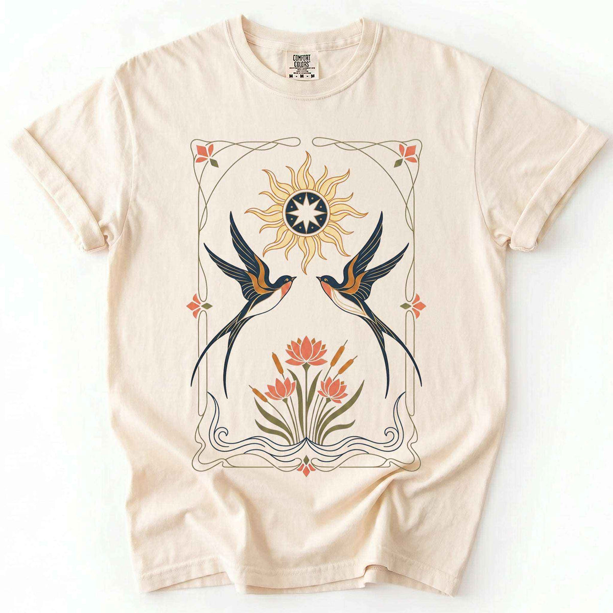 Art Nouveau Swallows Vintage Washed T-Shirt