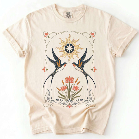 Art Nouveau Swallows Vintage Washed T-Shirt