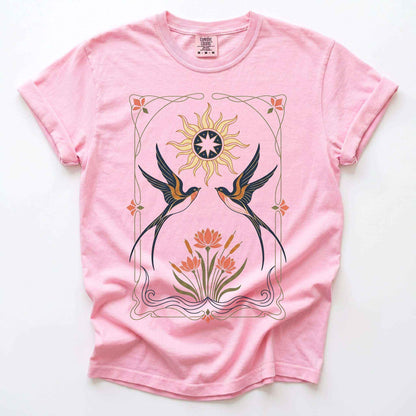 Art Nouveau Swallows Vintage Washed T-Shirt