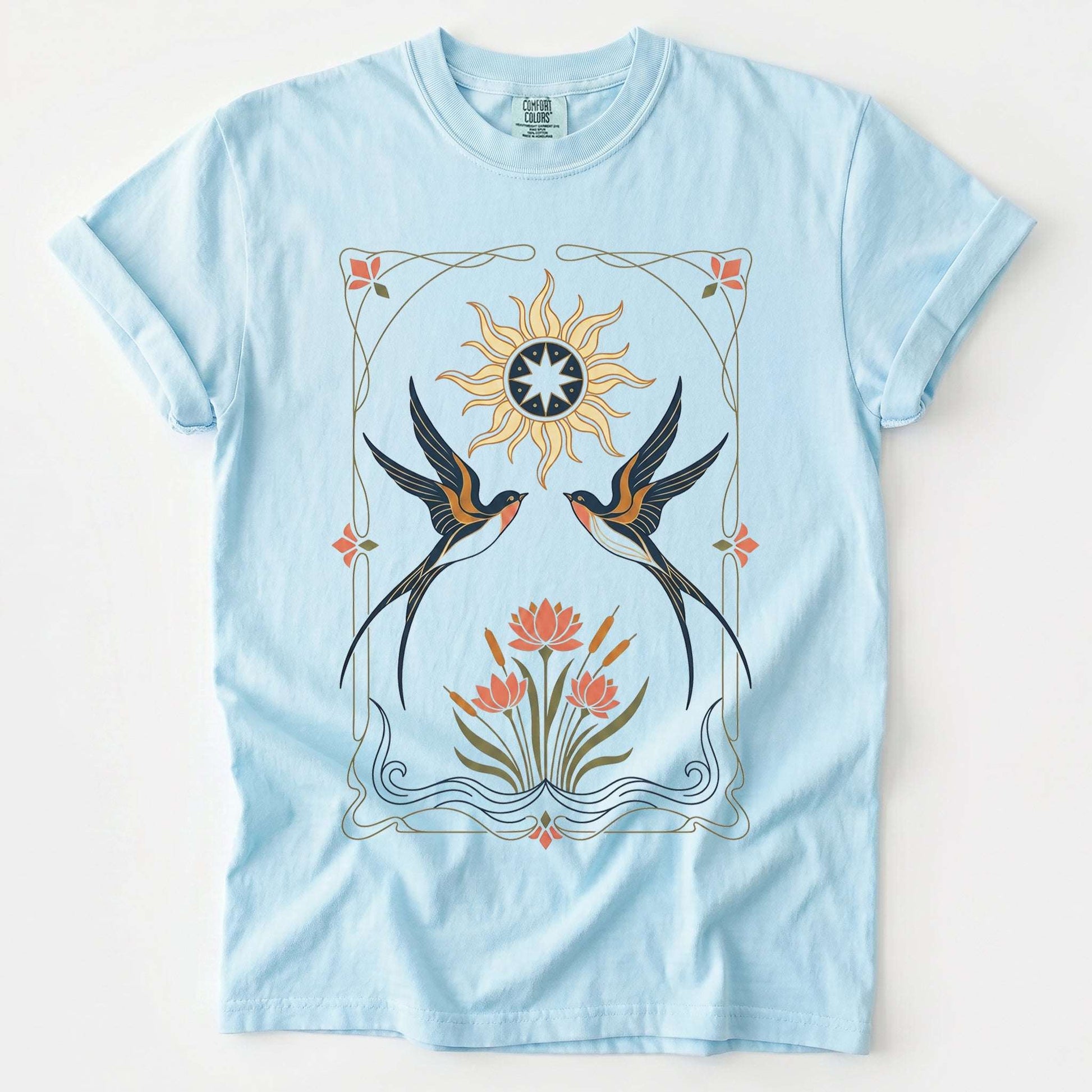 Art Nouveau Swallows Vintage Washed T-Shirt