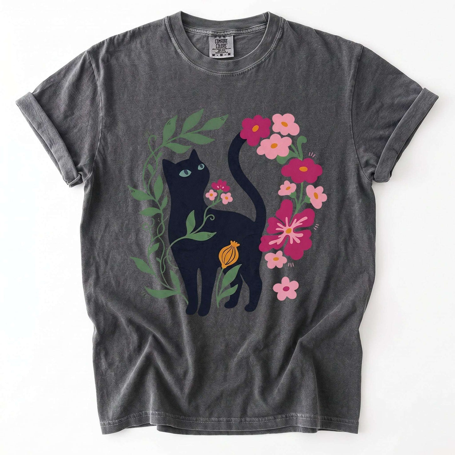 Whimsical Black Cat Vintage Washed T-Shirt