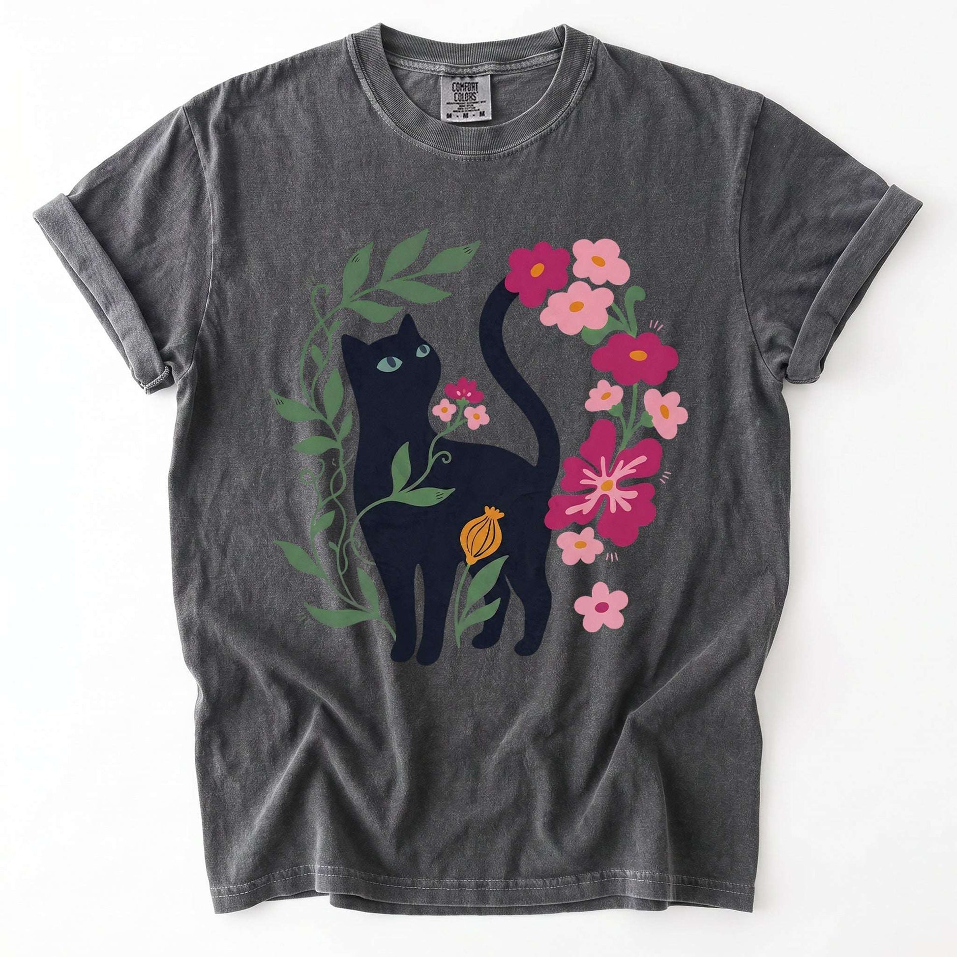 Whimsical Black Cat Vintage Washed T-Shirt
