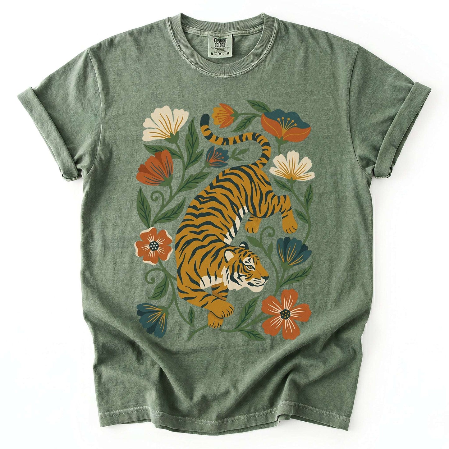 Retro Botanical Tiger Vintage Washed T-Shirt
