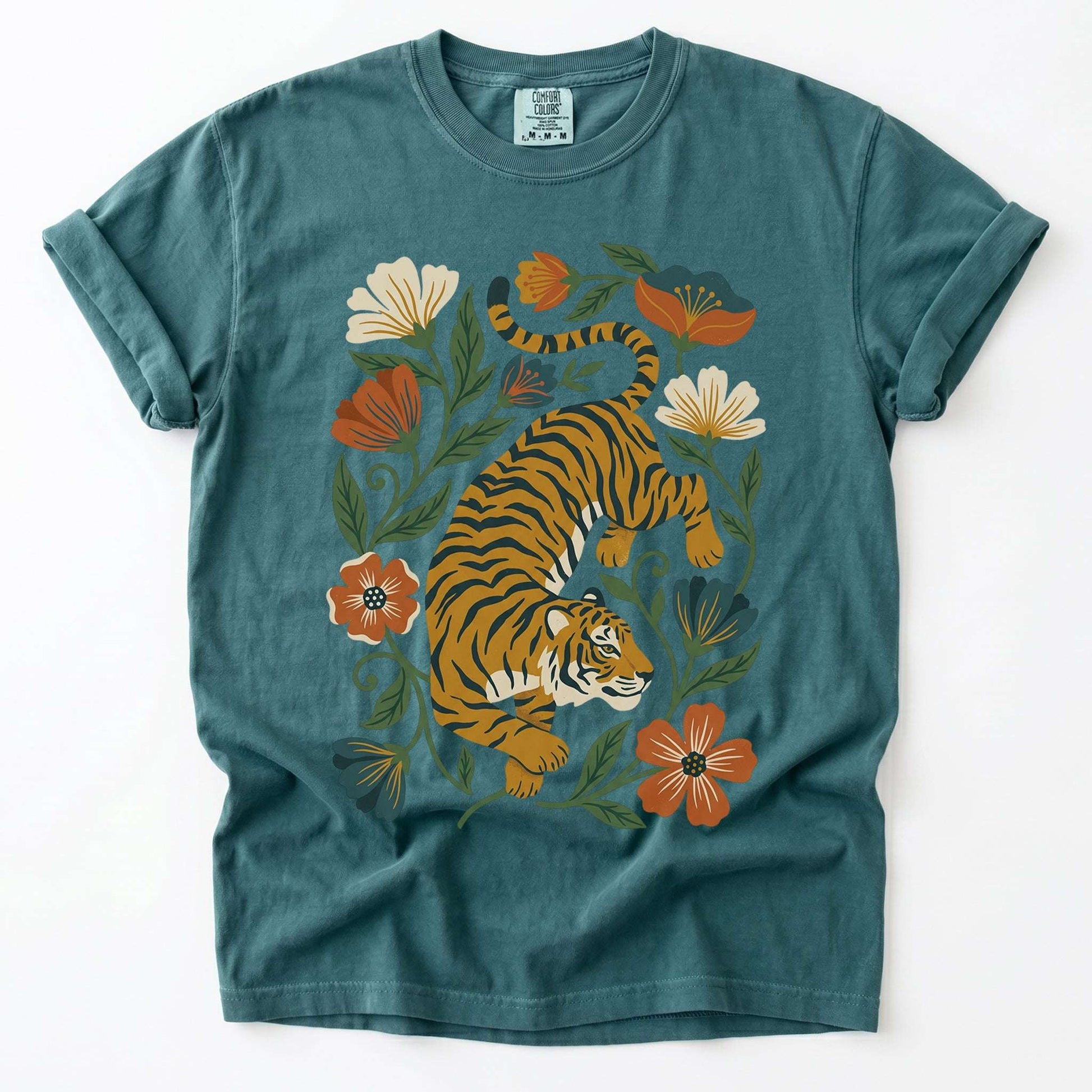 Retro Botanical Tiger Vintage Washed T-Shirt