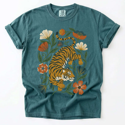 Retro Botanical Tiger Vintage Washed T-Shirt