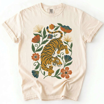 Retro Botanical Tiger Vintage Washed T-Shirt