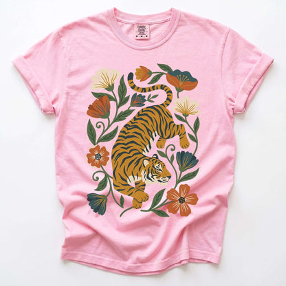 Retro Botanical Tiger Vintage Washed T-Shirt