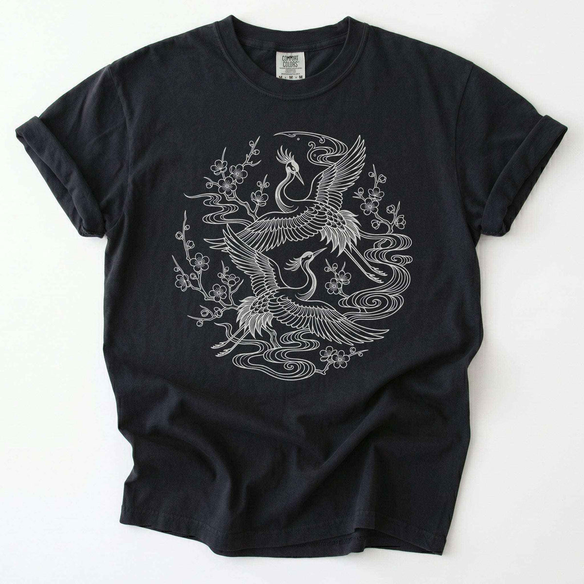 Crane & Blossom Line Art Vintage Washed T-Shirt