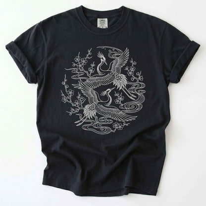 Crane & Blossom Line Art Vintage Washed T-Shirt