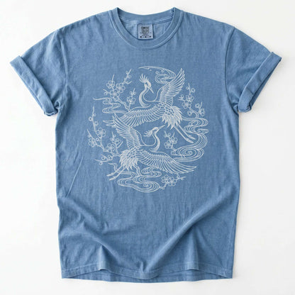 Crane & Blossom Line Art Vintage Washed T-Shirt