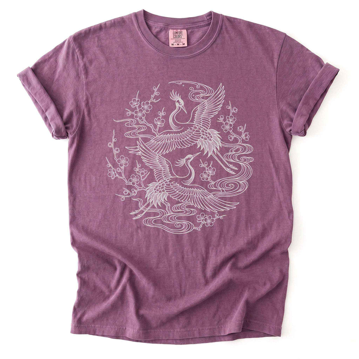 Crane & Blossom Line Art Vintage Washed T-Shirt