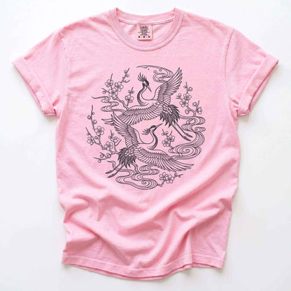 Crane & Blossom Line Art Vintage Washed T-Shirt