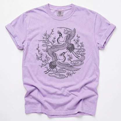 Crane & Blossom Line Art Vintage Washed T-Shirt