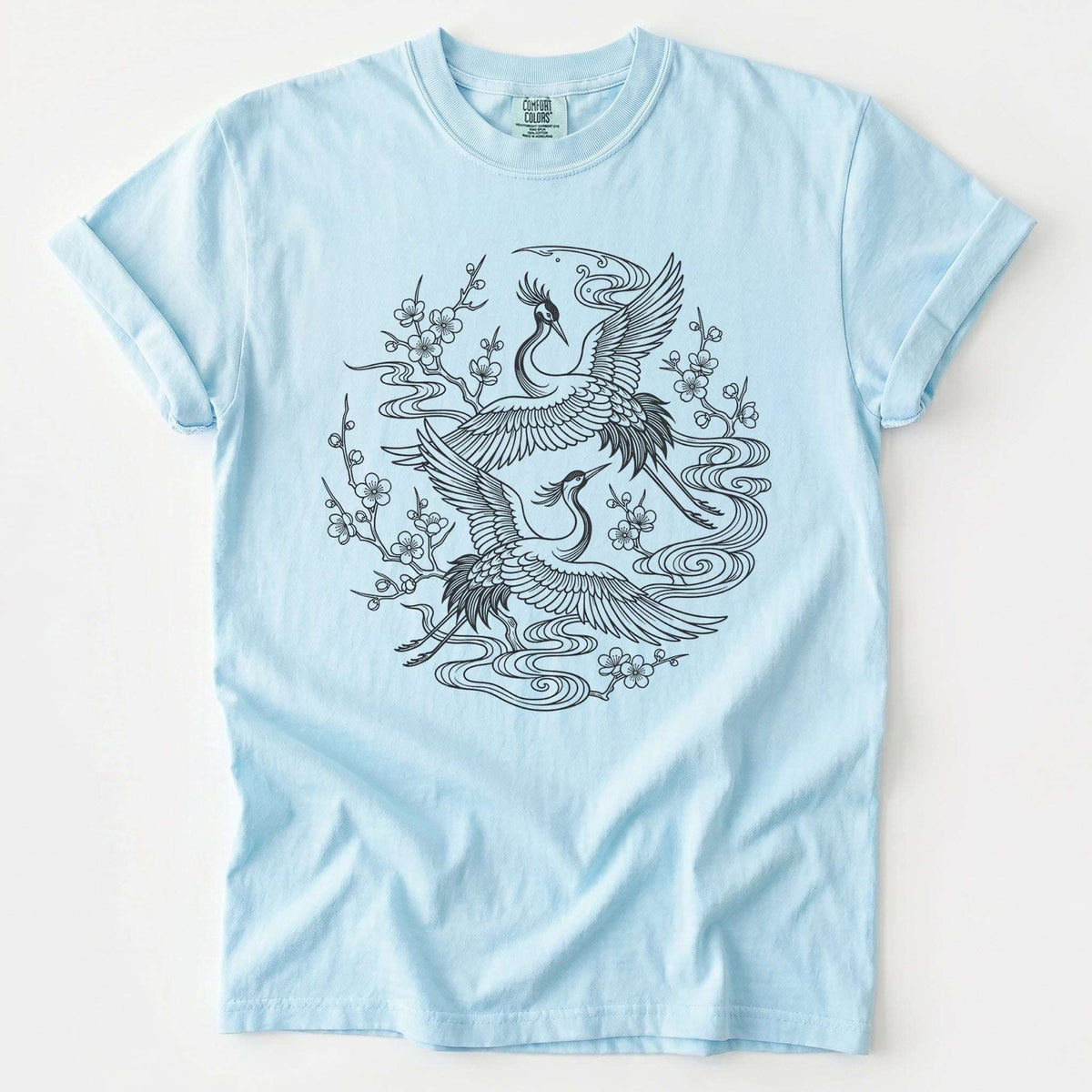 Crane & Blossom Line Art Vintage Washed T-Shirt