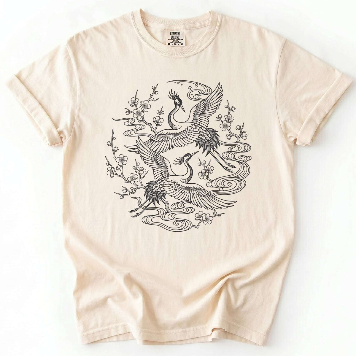 Crane & Blossom Line Art Vintage Washed T-Shirt