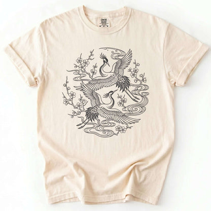 Crane & Blossom Line Art Vintage Washed T-Shirt