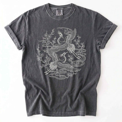 Crane & Blossom Line Art Vintage Washed T-Shirt