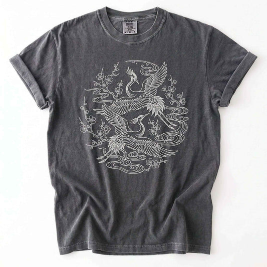 Crane & Blossom Line Art Vintage Washed T-Shirt